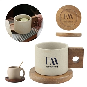 10oz Tea Cup Ceramic Coffee Mug With Wooden Handle Coaster